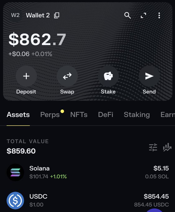 A screenshot of a crypto wallet (Wallet 2) showing a balance of $862.71, with holdings of 854.45 USDC ($854.45) and 0.05 SOL ($5.15), aligning with the poster's Week 2 update about having $854 in USDC.