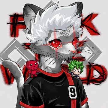 An illustration of a white-haired anthropomorphic cat character with red eyes wearing a black shirt with the number '9' on it, accompanied by small chibi characters.
