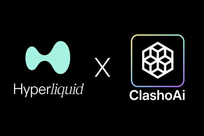 The image shows a partnership-style graphic featuring the Hyperliquid logo (a teal wave-like symbol with "Hyper*liquid*" text) next to a white "X" and the ClashoAi logo (a geometric cube design in a rainbow gradient square frame with "ClashoAi" text below), all set against a black background—visually pitching Hyperliquid as a brand to be featured on ClashoAi.