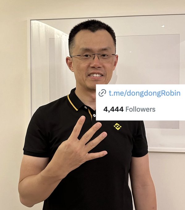 A smiling man in a black polo shirt holds up four fingers beside a Telegram link overlay reading 't.me/dongdongRobin' with '4,444 Followers'.