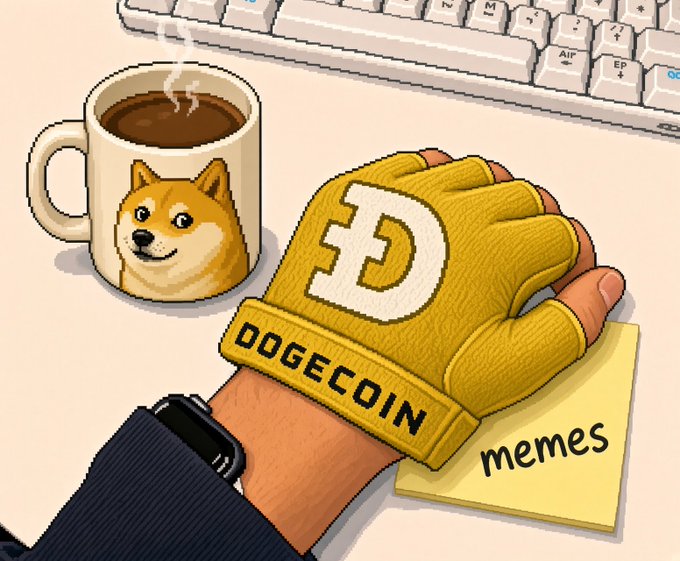 A pixel art hand wearing a yellow "DOGECOIN" glove rests on a sticky note labeled "memes" beside a steaming mug featuring the Doge Shiba Inu face and a keyboard. The image plays on the phrase "fits like a glove" by literally illustrating a Dogecoin-branded glove, humorously linking the meme coin's identity to internet meme culture.