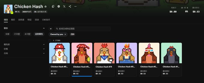 An NFT marketplace listing for 'Chicken Hash' pixel art chicken NFTs, with prices shown as 69.53 ETH and a 24-hour trading volume of 26975.0.