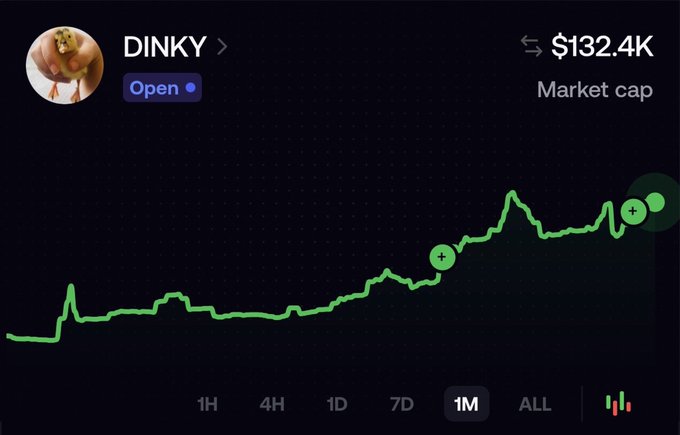 The image displays a cryptocurrency market chart for the ticker "DINKY," showing a market cap of $132.4K with a notable upward trend over a 1-month timeframe (selected from options like 1H, 4H, 1D, 7D, 1M, ALL). The chart's positive momentum visually reinforces the post's bullish sentiment about $DINKY being early-stage with significant team plans ahead.
