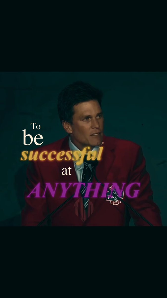 A motivational graphic featuring a man in a red suit speaking at a podium with the text 'To be successful at ANYTHING' overlaid in stylized fonts.