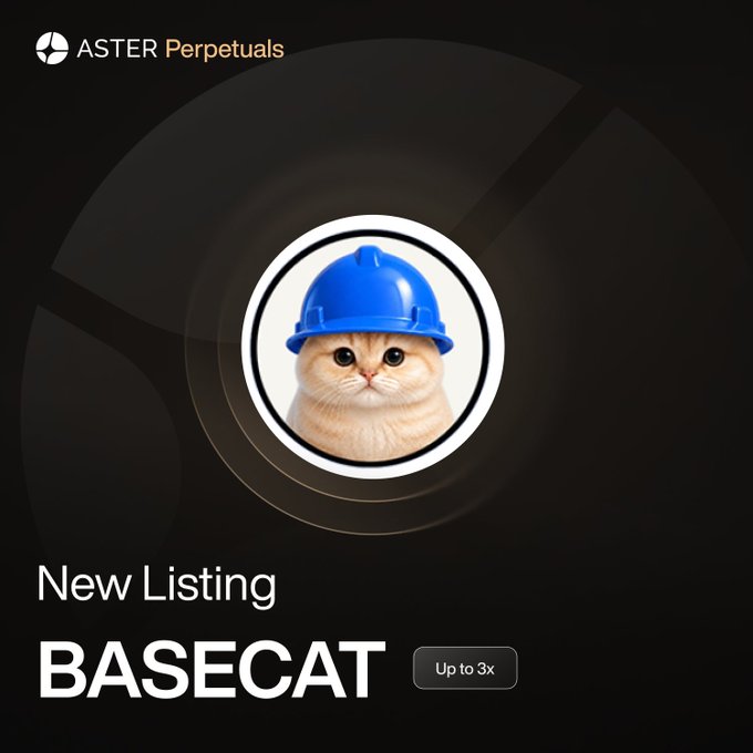 Aster Perpetuals announces the new listing of BASECAT with up to 3x leverage, featuring the token's signature cat-in-a-hard-hat mascot.