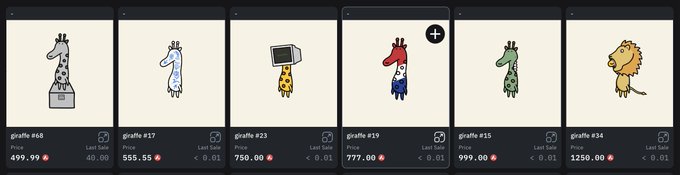 A row of cartoon character NFT listings with prices ranging from 499.99 to 1250.00, including items labeled 'giraffe #68', '#37', '#23', '#19', '#15', and '#34'.