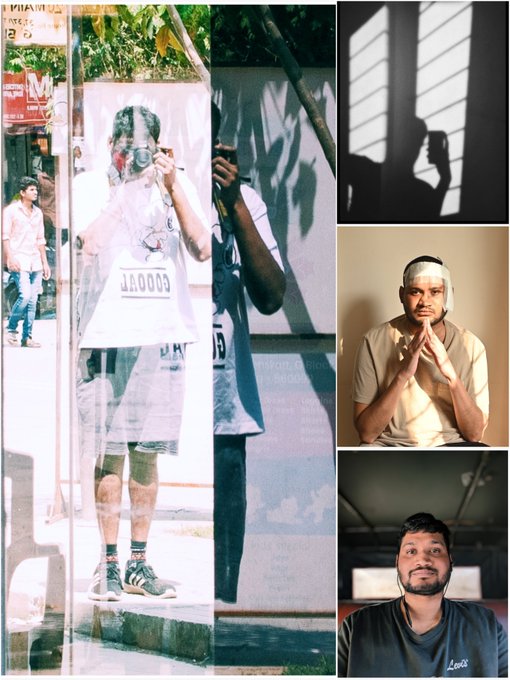 A four-panel collage featuring different portraits: a runner with race bib '00000' visible through glass on the left, a silhouette by a window in the top right, a man in a white cap and t-shirt praying in the middle right, and a bearded man in a blue shirt in the bottom right.
