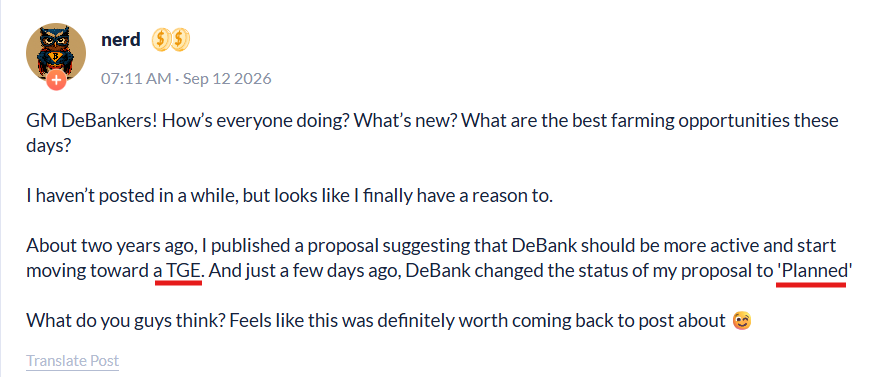 A social media post by user 'nerd' from 07:11 AM, Sep 12 2026 discusses a past governance proposal about 'DeBank' moving toward 'a TGE', noting its status has recently been changed to 'Planned'.
