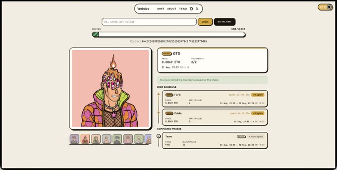 A screenshot of a Weirdos NFT collection mint page, showing the artist "OTD" at 0.0069 ETH (32/72 mints remaining) and upcoming FCFS and Public mint phases, with 146/3,333 already minted—reflecting the user's recent Weirdos mint and their anticipation for the next FCFS/Public mint and Rekt Tradooor drop.