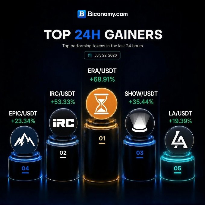 A Biconomy.com infographic titled 'Top 24H Gainers' dated July 22, 2026, displaying a podium of the top five performing tokens: #1 ERA/USDT (+68.91%), #2 IRC/USDT (+53.33%), #3 SHOW/USDT (+35.44%), #4 EPIC/USDT (+23.34%), and #5 LA/USDT (+19.39%).