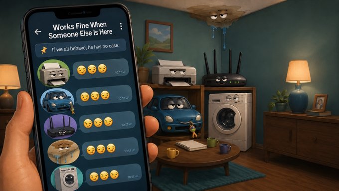 A 3D animated scene showing a smartphone displaying a group chat titled 'Works Fine When Someone Else Is Here' with various appliance characters (printer, car, washing machine) crying with sad emojis, while the appliances in the actual room appear sad, including a printer, car, router, and washing machine in a dimly lit living room.