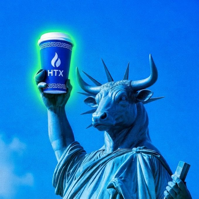 A Statue of Liberty-inspired statue with a bull's head triumphantly holds up a glowing HTX-branded coffee cup against a blue sky, visually embodying the bullish energy of the "gm" post inviting others to match the bull's aura.