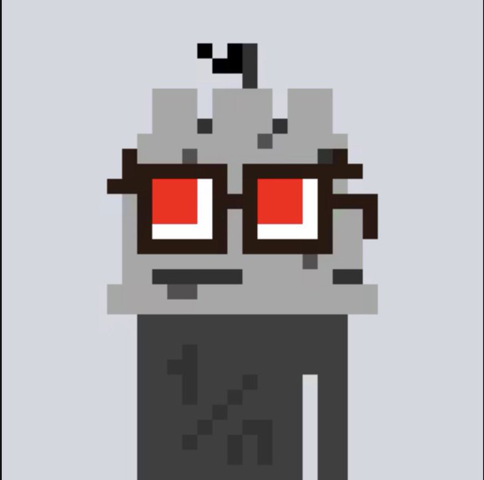 A pixel art character with gray skin, red square glasses with black frames, and a black body, featuring a distinctive head shape on a light gray background.