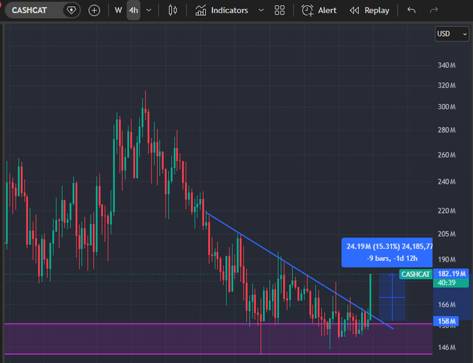A cryptocurrency trading chart on the CASHCAT platform showing a downward price trend with candlestick patterns and an ascending blue trendline, with a position marked "CASKAT".
