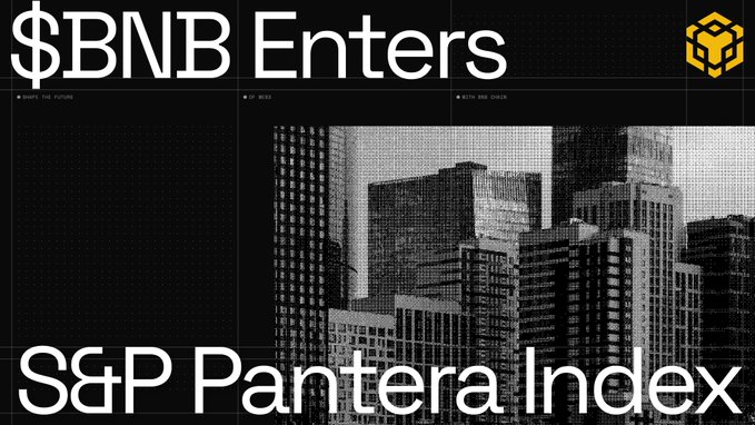 The image is a graphic announcing that "$BNB Enters S&P Pantera Index," featuring a dark, pixelated cityscape with Binance's logo in the upper right corner. This visually reinforces the post's news that BNB has secured the #2 ranking among 18 assets in the new S&P Dow Jones Indices × Pantera Capital revenue-screened crypto index.