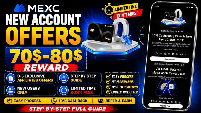 A promotional banner for MEXC featuring 'NEW ACCOUNT OFFERS' with a '70$-80$ REWARD', highlighting benefits like 'EASY PROCESS', '10% CASHBACK', and 'REFER & EARN', alongside images of the MEXC Visa card and app interface.