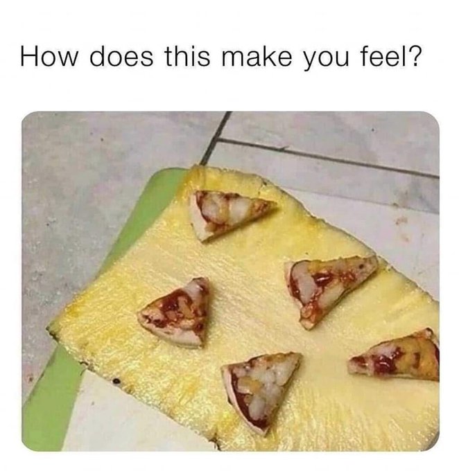 A meme-style image with the text "How does this make you feel?" above a photo of pizza slices placed directly on a yellow foam mat on a tiled floor.