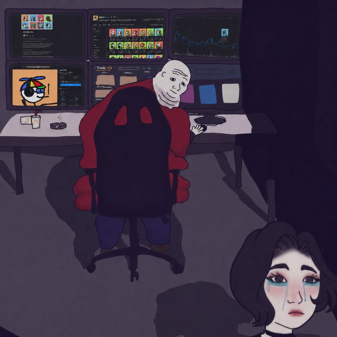 An illustration depicts the 'Wojak' meme character in a red shirt sitting at a computer setup with multiple monitors displaying what appears to be cryptocurrency trading charts and interfaces, with a crying woman visible in the lower right corner.