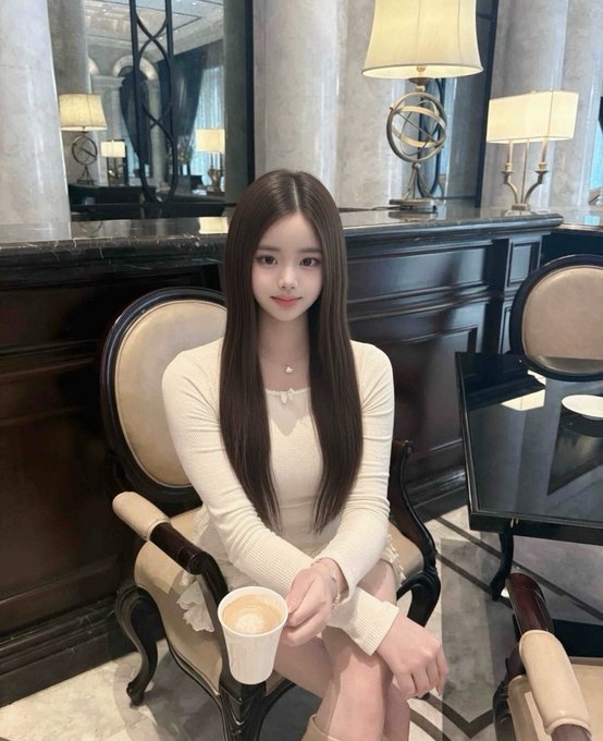 The image features a woman sitting in a chair with her legs crossed, holding a cup of coffee. She has long hair that falls over her shoulders. The setting appears to be indoors, possibly in a hotel room or a similar environment. There are two chairs visible in the scene - one where the woman is seated and another empty chair nearby.