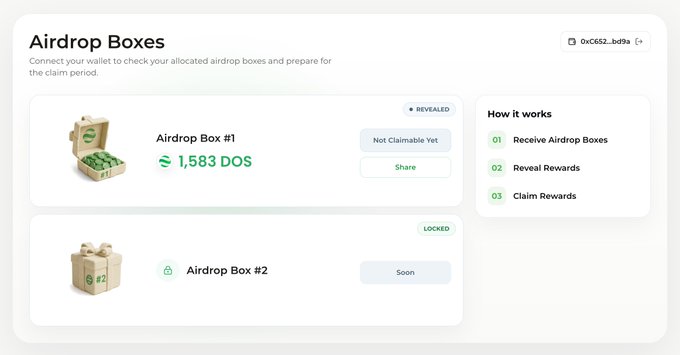 The image shows the "Airdrop Boxes" interface on dappOS, displaying a revealed Airdrop Box #1 containing 1,583 DOS tokens (available to claim) alongside a locked Airdrop Box #2 coming soon, with a wallet address (0xC652...bd9a) connected in the top right. It also includes a "How it works" guide outlining the three-step process (Receive, Reveal, Claim), directly illustrating the post where the user claims 1,583 $DOS from their first box.