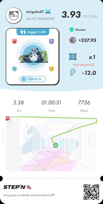 A fitness app screenshot from STEP'N shows a user profile with '3.93 GST/Min', '5.38 km', '01:00:31' time, '7736' steps, and a panda NFT avatar.
