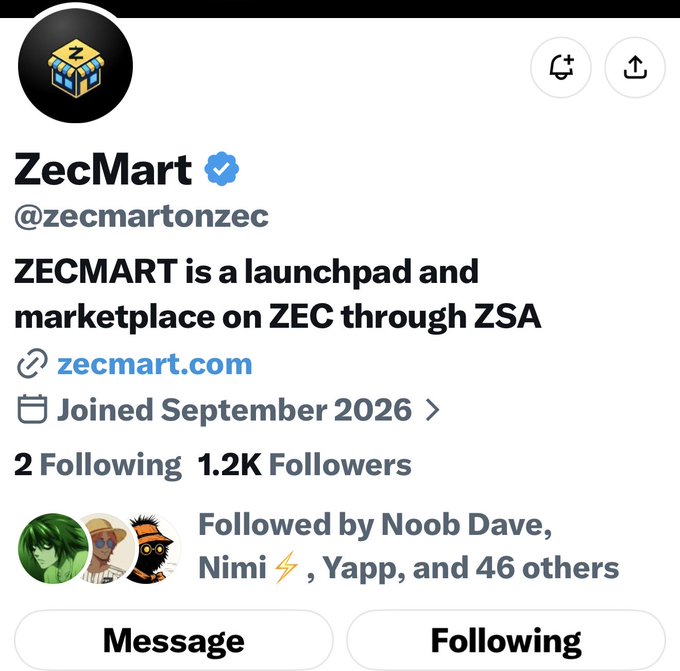 Twitter/X profile page for ZecMart (@zecmartonzec), describing itself as 'a launchpad and marketplace on ZEC through ZSA' with 1.2K followers, joined September 2026.