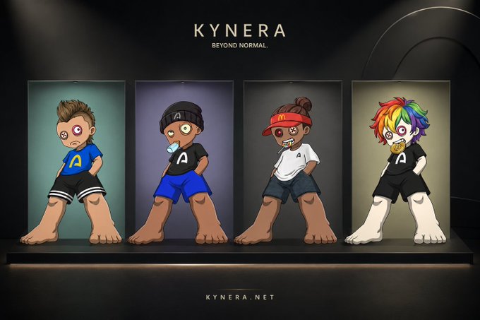 A promotional image for 'KYNERA - BEYOND NORMAL' displaying four stylized NFT character designs on a shelf, with the website 'KYNERA.NET' at the bottom.