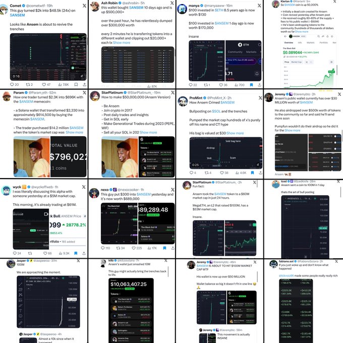 A grid of social media posts from various users discussing $ANSEM, featuring trading screenshots showing profits ranging from thousands to over $796K, wallet addresses, and commentary about the token's rapid price movement and large market cap.