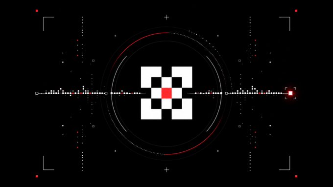 Digital interface design with a central QR-code-like square symbol surrounded by circular HUD elements on a black background.