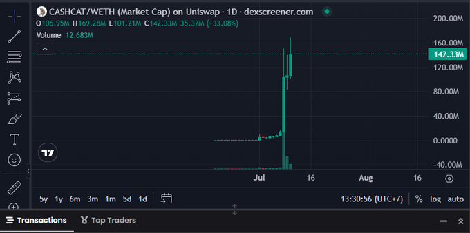 A Dexscreener chart showing the CASHCAT/WETH market cap on Uniswap on a daily timeframe, displaying a massive price spike in July with the token reaching a market cap of approximately 142.33M.