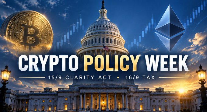 Promotional graphic titled 'CRYPTO POLICY WEEK' featuring the U.S. Capitol building alongside a Bitcoin coin and Ethereum logo, with text noting '15/9 CLARITY ACT • 16/9 TAX' over a backdrop of financial charts.