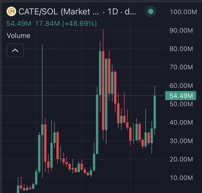 A 1D candlestick chart shows the CATE/SOL trading pair's price action paired with volume, peaking near 90M before pulling back to 54.49M (a 48.69% decline from a high of 17.84M, or vice versa), reflecting the volatile price swings tied to the TikTok buzz around "$CATE."