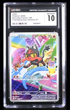 A CGC graded Pokémon card showing 'Litten' (Pokémon 2026 Black Star Promo - 044) with a GEM MINT 10 rating, featuring the character 'Fire Fang' attack.