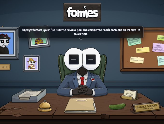 A cartoon-style scene showing an "INTAKE OFFICER" character with large eyes at a desk under a "fomies" sign, with a speech bubble reading "Emptytdotcom, your file is in the review pile. The committee reads each one on its own. It takes time."
