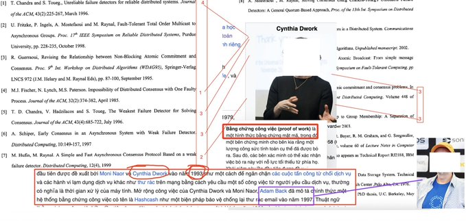 The image shows a collage featuring Cynthia Dwork, a computer scientist known for her work on Byzantine fault tolerance, alongside academic citations related to Byzantine consensus and distributed systems, with highlighted text suggesting a connection between these research papers and Adam Back's Hashcash proof-of-work system used by Satoshi Nakamoto. The overlaid commentary argues that Nicolas Kokkalis, who completed a Distributed Systems thesis at the University of Toronto in 2004, had implicit knowledge of Proof-of-Work algorithms through these cited references, implying he may be Satoshi Nakamoto.