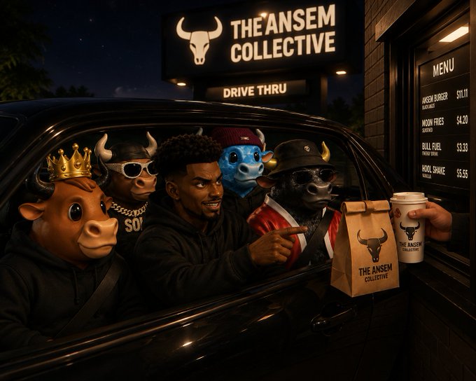 An AI-generated night scene at "The An$em Collective" drive-thru, showing an anthropomorphic bull mascot with a gold crown, a person, and other mascot characters in a car, with a menu listing items like "Ansem Burger ($11.11)" and "Moon Fries ($4.20)".