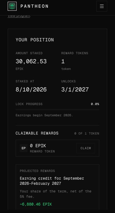 Pantheon staking dashboard showing a position of 30,062.53 EPIK staked at 8/10/2026, unlocking 3/1/2027, with projected rewards of approximately 6,880.46 EPIK.