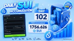 A promotional graphic for 'Daily SUI Accumulation' showing Day 102 with a total accumulated balance of 1,756,626 SUI, displayed alongside 3D coin imagery and a chart of historical accumulations.