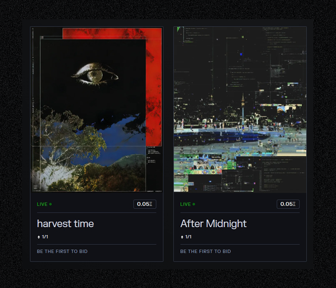 Two NFT listing cards side by side: 'harvest time' (1/1) showing an eye over a forest landscape, and 'After Midnight' (1/1) showing a glitchy cityscape, both priced at 0.05 ETH and marked 'LIVE'.