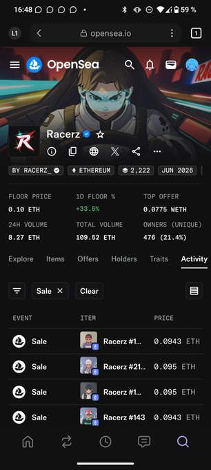 The image shows an OpenSea collection page on opensea.io for "Racerz" by RACERZ on the Ethereum blockchain, displaying a floor price of 0.10 ETH (24H volume 8.27 ETH, +33.5% 1D) and recent sales at 0.0943–0.095 ETH. This aligns with the post "LFG @Racerz_eth 0.1 eth," highlighting a potential floor-price buy opportunity as activity ramps up.