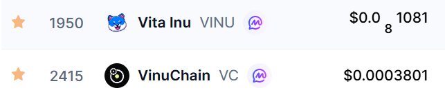 A price list shows cryptocurrency tokens 'Vita Inu (VINU)' at a market cap of $0.0(8) and 'VinuChain (VC)' at $0.0003801.