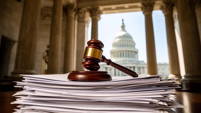 A wooden gavel rests atop a thick stack of legislative documents, framed by classical columns with the U.S. Capitol dome visible through the architectural backdrop—symbolizing the ongoing legal review of the CLARITY Act's 300+ page expansion focused on its ethics provisions.