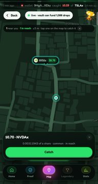 A mobile app screenshot showing a map interface with a 'Catch' button for $0.70 -NYDAs, displaying the user's location and balance of $8964.00.