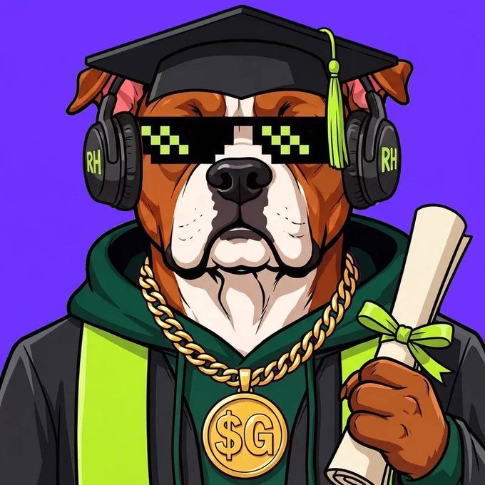 A digital illustration of an anthropomorphic dog wearing a graduation cap, pixelated "deal with it" sunglasses, headphones labeled "RH," a gold chain with a "$G" medallion, and holding a diploma.
