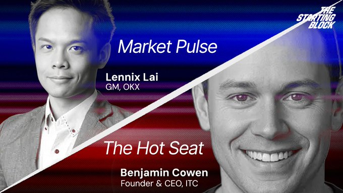 The image is a promotional graphic for "The Starting Block" featuring two segments: "Market Pulse" with Lennix Lai, GM of OKX, and "The Hot Seat" with Benjamin Cowen, Founder & CEO of ITC, against a red and blue split background. The graphic supports the post's message by highlighting OKX's team expertise through showcasing conversations with industry leaders like Cowen.