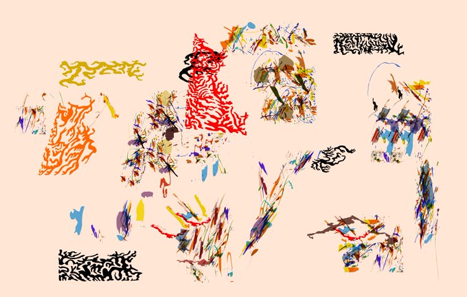 An abstract mixed-media artwork features various colorful scribbled, textured, and painted shapes scattered across a pale beige background.