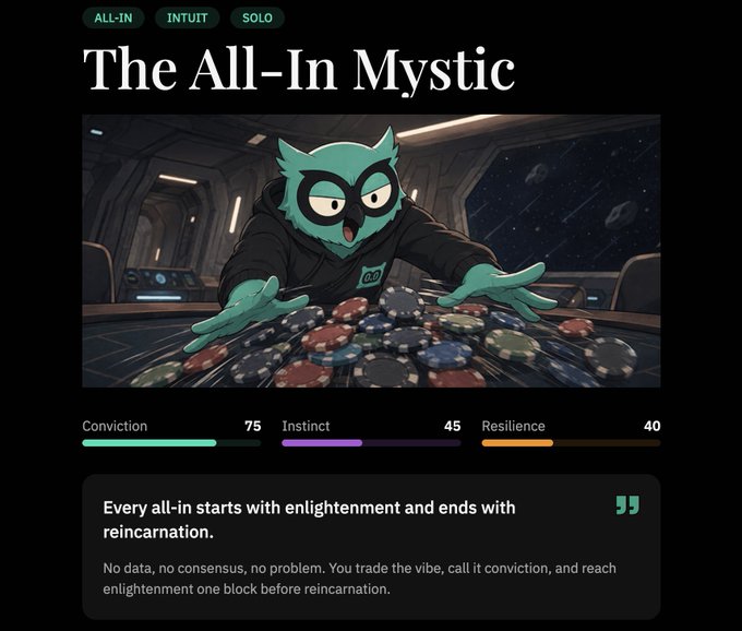 A character profile card titled "The All-In Mystic" showing an owl-like figure in a hoodie reaching across a table of poker chips, with stats displaying Conviction 75, Instinct 45, and Resilience 40, along with the tagline "Every all-in starts with enlightenment and ends with reincarnation."