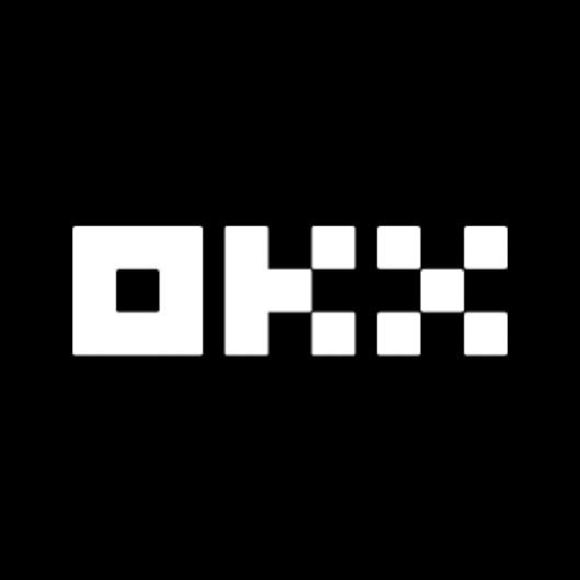 A black and white pixel-art style logo spelling 'OKX' (the cryptocurrency exchange) in a retro video game font.