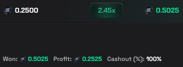 This image shows a win of 0.5025 $SOL after a 2.45x multiplier, with a profit of 0.2525 $SOL, aligning with the provided post about winning on solpump.io.