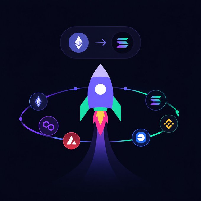 A digital illustration featuring a purple and green rocket ship launching with cryptocurrency logos (Ethereum, Solana, Polygon, Avalanche, and others) arranged in orbital paths around it.